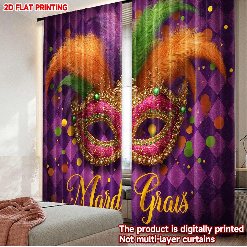 2D Flat Printing 2pcs Curtain Party Curtains Mardi Gras Feathered Mask(1) Digital Printed Polyester Drapes Seasonal Party &