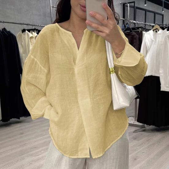 Women Tops V Neck Long Sleeve Pure Color Mid-length Pullover Tops with Asymmetrical Slit Curved Hem Loose Fit Versatile Casual Shirt