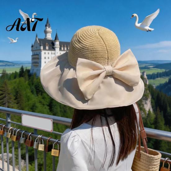 Sun Protection Hat for Outdoor Woven Hat, Women Wide Brim Beach Floppy Breathable with Bow, UV Summer Vacation Camping Travel Accessories