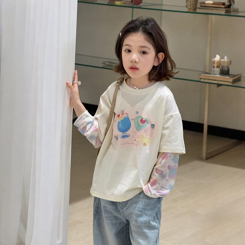 SEVEN BOBI Girls' Spliced Fake Two-Piece Long-Sleeve T-Shirt