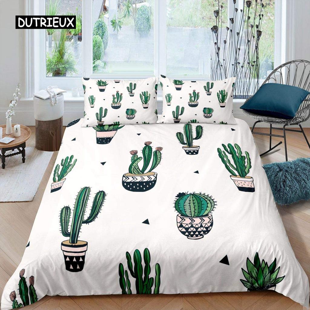 Cactus Duvet Cover Set King Size Hand Painted Style Bedding Set Nature Art Prints Comforter Cover Green Plant Cactus Quilt Cover