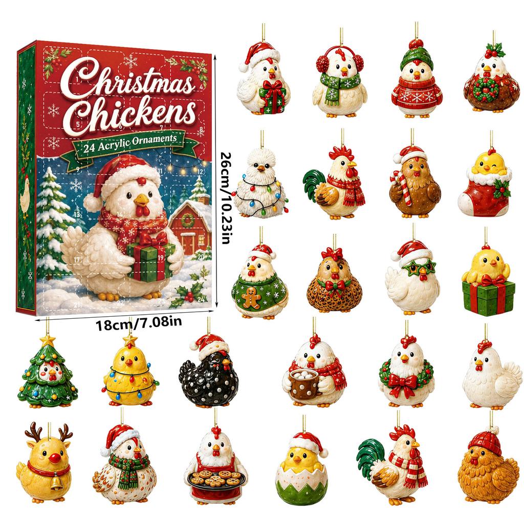 2026 Christmas Countdown Calenda, 24 Farm Chick-Themed Acrylic Christmas Tree Blind Box Ornament,Holiday Gift for Christmas