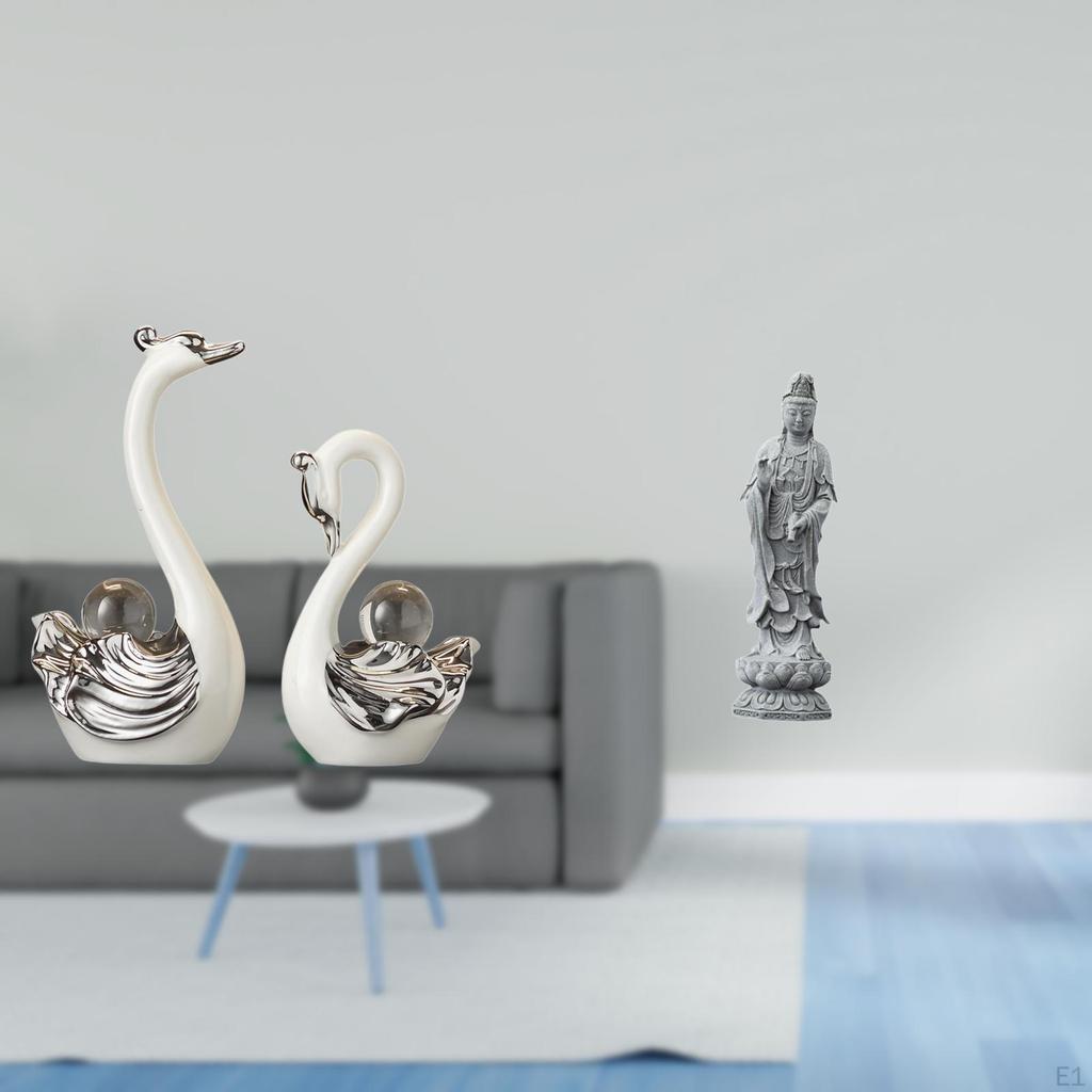 Porcelain Swan Figurine And Guan Yin Buddha Statue Collection Elegant Animal Female Sculpture