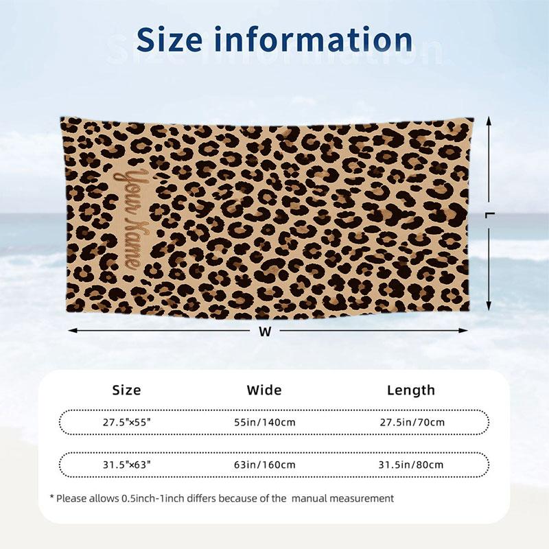 Leopard Ornate Frame Theme Quick Dry Beach Towel Custom Name Text Print Large Sand Resistant Towel Beach Vacation