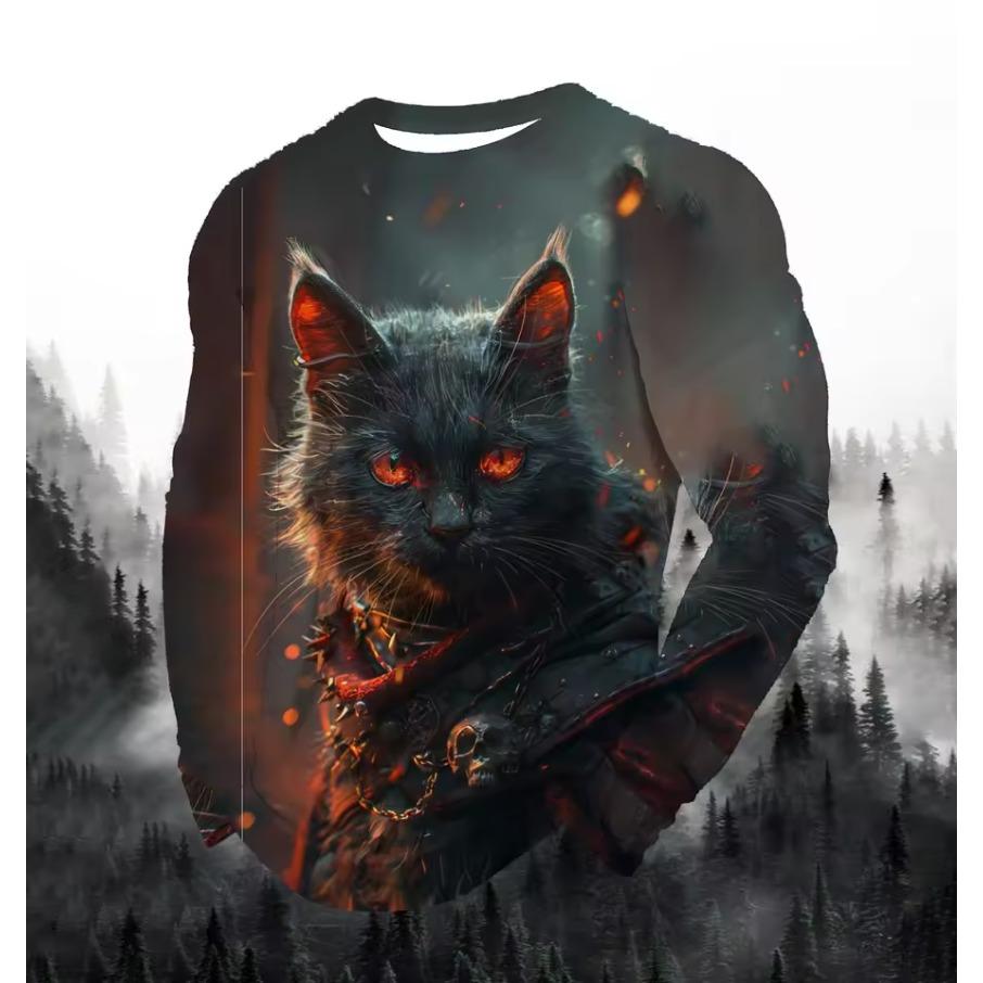 Lion Cat Fierce Animal Print Men's T-shirt Fashion Long Sleeve T-shirt Casual Round Neck Street Top Loose Pullover Autumn