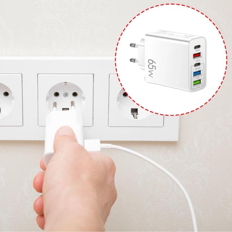 Practical 65W Charging Hub USB Type C Port Automatic Power Adjustment Simultaneous Charging Head for Various Devices