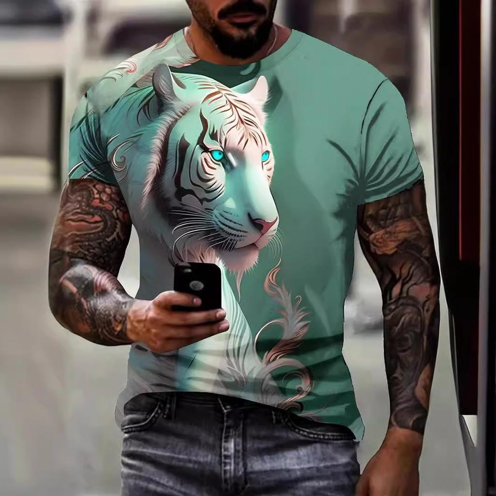 Summer Round Neck 3D Tiger Pattern Print Top Fashionable Casual Short Sleeved Men's T-shirts