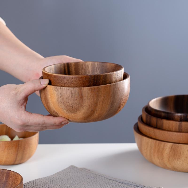 Acacia Wood Salad and Rice Bowl - Large Round Wooden Basin Tableware