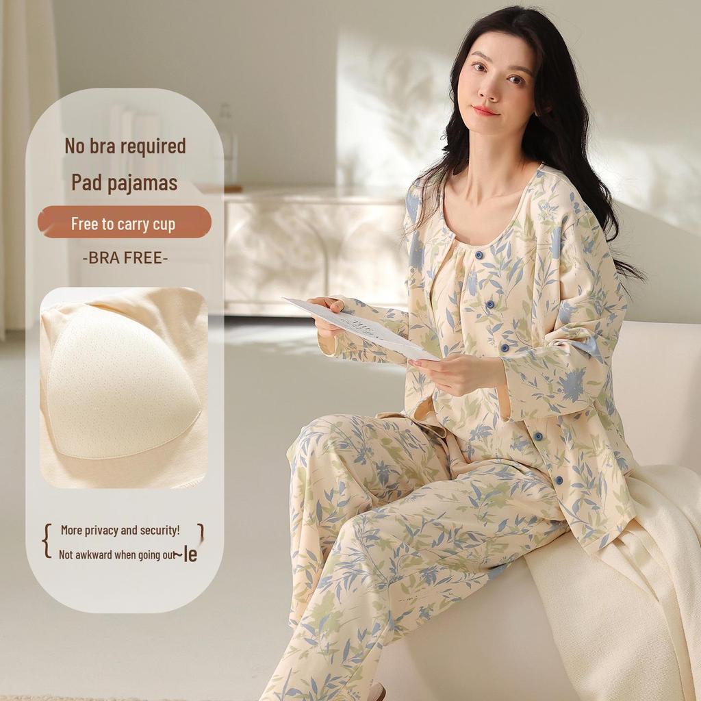 Women's Three-Piece Cotton Pajama Set: Spring Fashion, Printed, Comfortable, Breathable, with Chest Pads, Skin-Friendly.