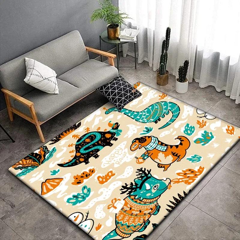 1 pieza Alfombra linda con estampado de dinosaurio de dibujos animados para sala de estar, dormitorio, alfombra para gatear para niños resistente a las arrugas, alfombra de suelo antideslizante