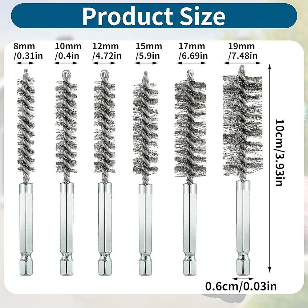 6 Pcs Stainless Steel Cleaning Brush Set 1/4" Hex Bar Twisted Wire Hole Brush for Power Drill Impact Driver(8/10/12/15/17/19 mm)
