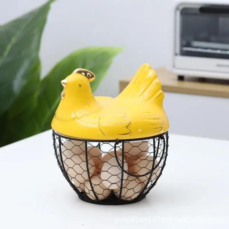 Cute Hen-shaped Egg Storage Basket Metal Wrought Iron Egg Basket with Lid Kitchen Food Debris Storage Container Home Decoration
