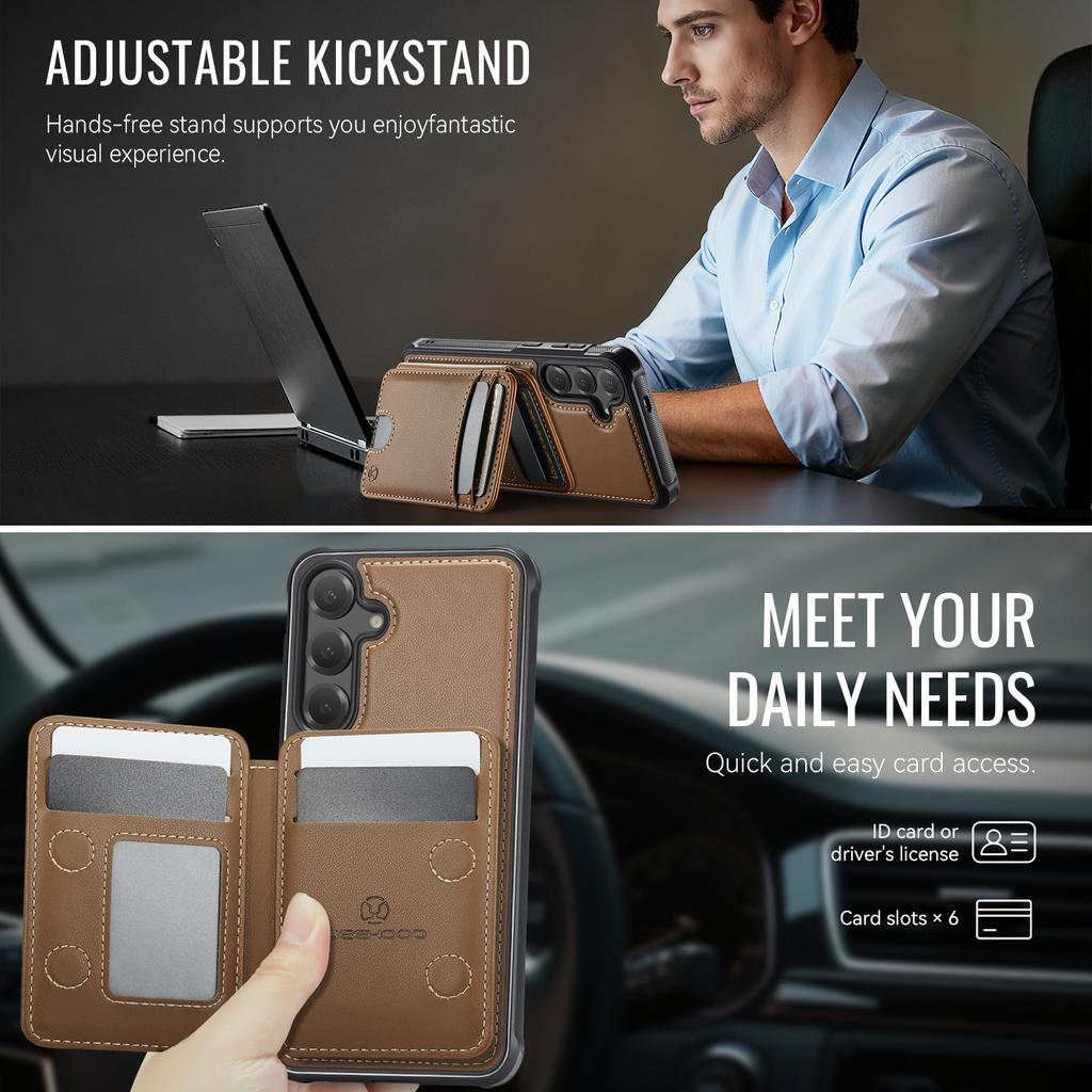 For Samsung Galaxy S26 Magnetic Case JEEHOOD J10 Leather Back Phone Cover with Detachable Card Holder Kickstand