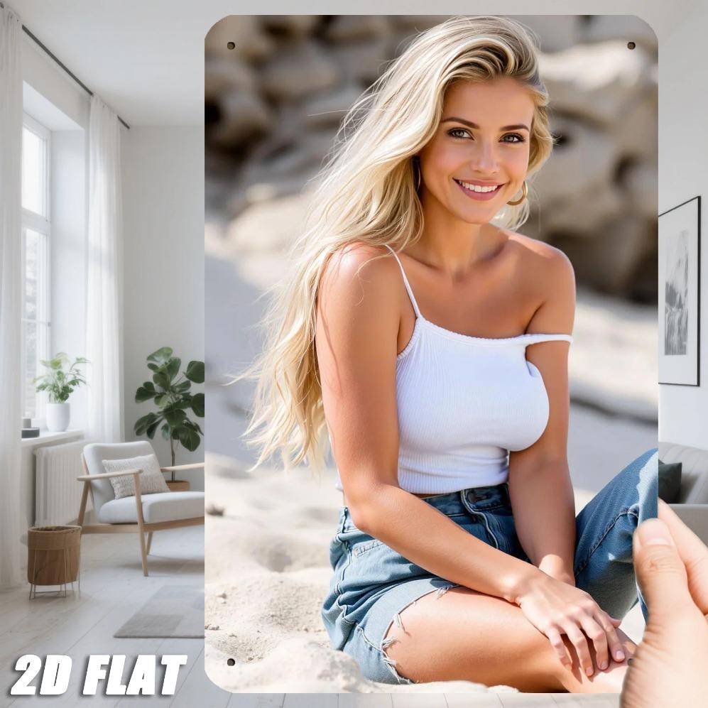 Hisun Blechschild HD Metall Wandkunst Wunderschöne Blonde Frau im Sexy Weiß Gerippten Trägertop Distressed Jeansshorts Sitzt am Sandstrand in der Nähe von Rost