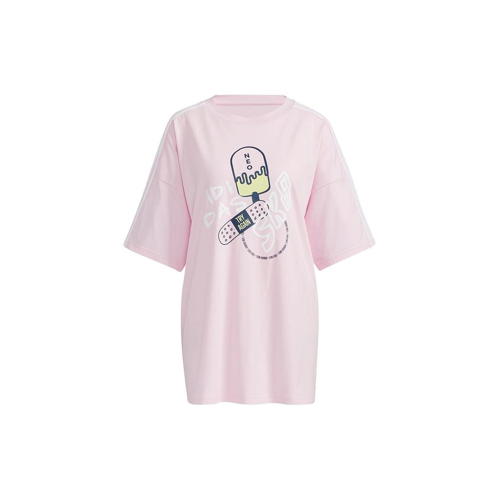 Adidas Neo Cartoon Print Loose-Fit Athletic T-Shirt Women Tops Pink H61997