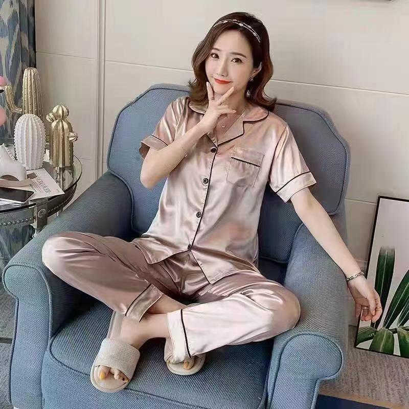 Women's Imitation Silk Short Sleeve Pajamas: Sexy, Lightweight, Plus Size Two-Piece Set with Long Pants.