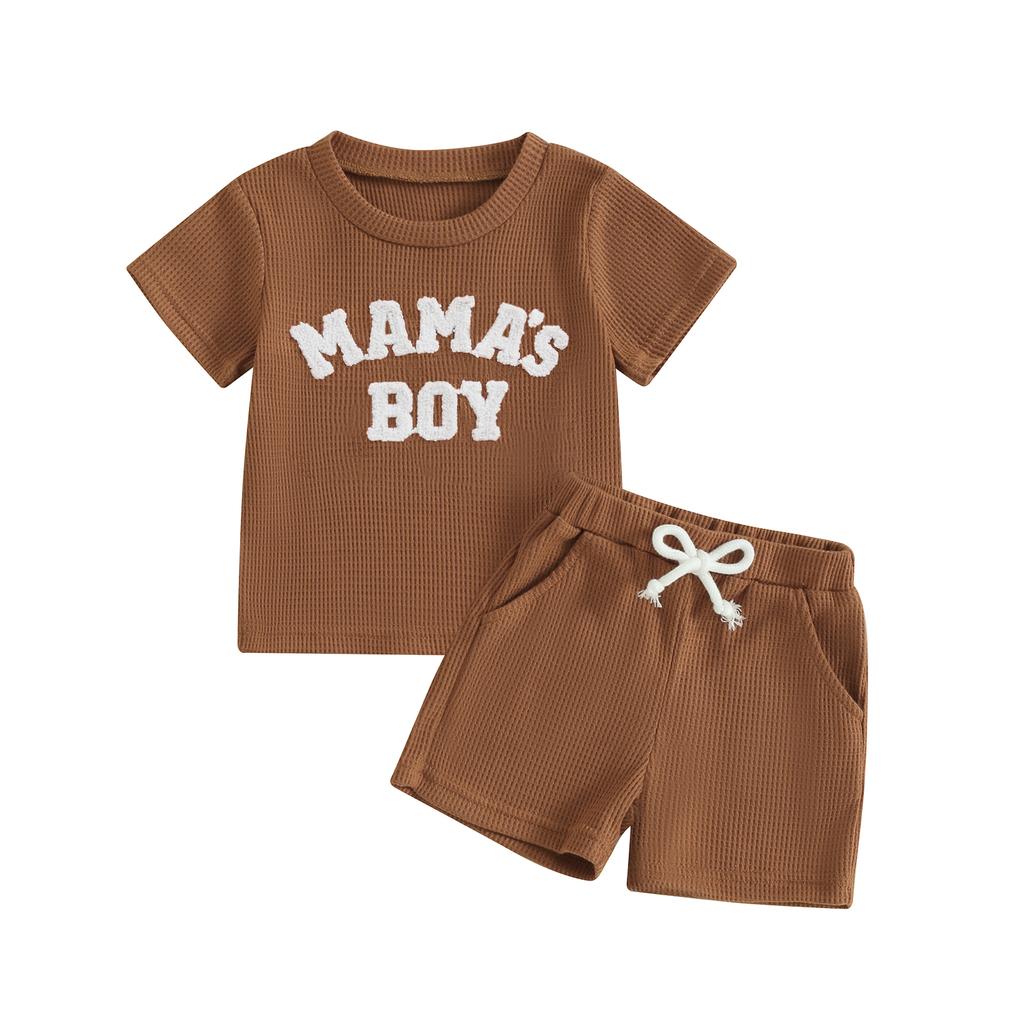 Baby Boy 2 Piece Waffle Outfits, Round Neck Short Sleeve Letter Embroidery Tops + Elastic Waist Shorts Toddler Mother's Boy Set