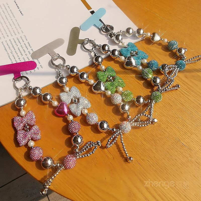 Dense Diamond Bow Beaded Bracelet Hanging Rope Flash Diamond Handheld Wrist Ornament Clip Style Phone Case Phone Strap