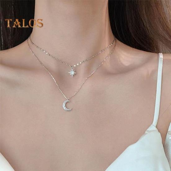 Women Necklace Double-layer Star Moon Pendant Adjustable with Extended Length Hollow Chain Lady Clavicle Necklace Neck Jewelry