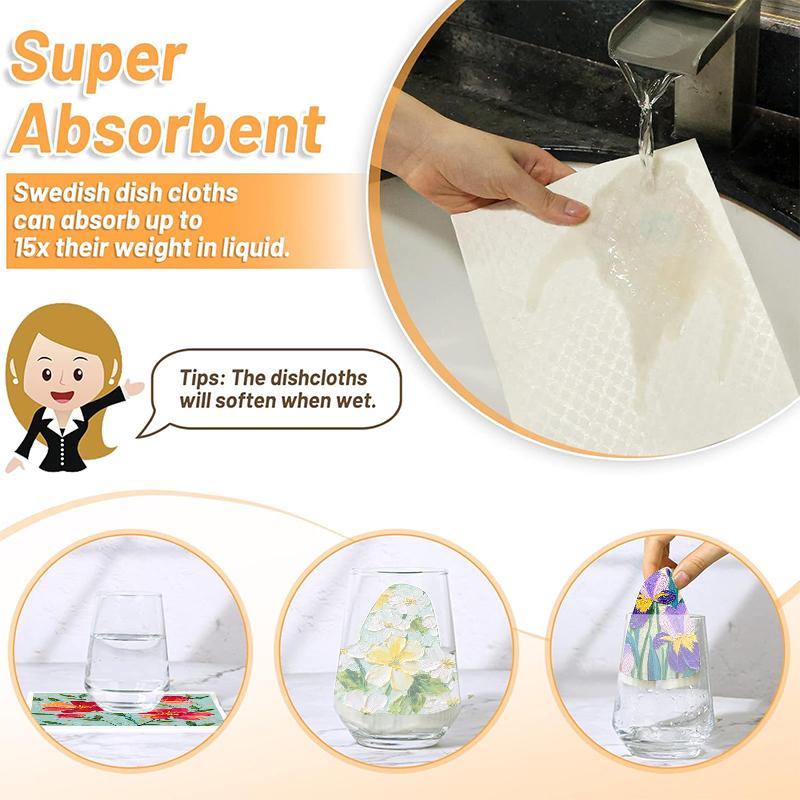 6PCS Patterned Swedish Dishcloths Biodegradable Eco-Friendly Dish Towels Reusable Absorbent Kitchen Washable Cleaning Cloths
