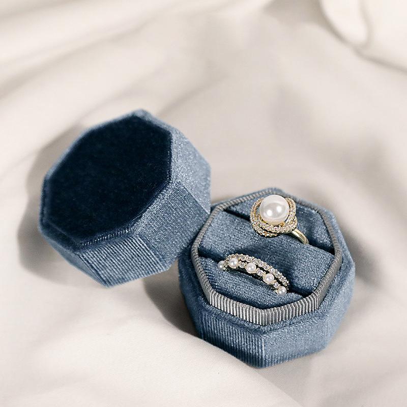 Hexagon Velvet Ring Box with Detachable Lid Earings Heirlooms Holder for Proposal Engagement Wedding Ceremony Proposals