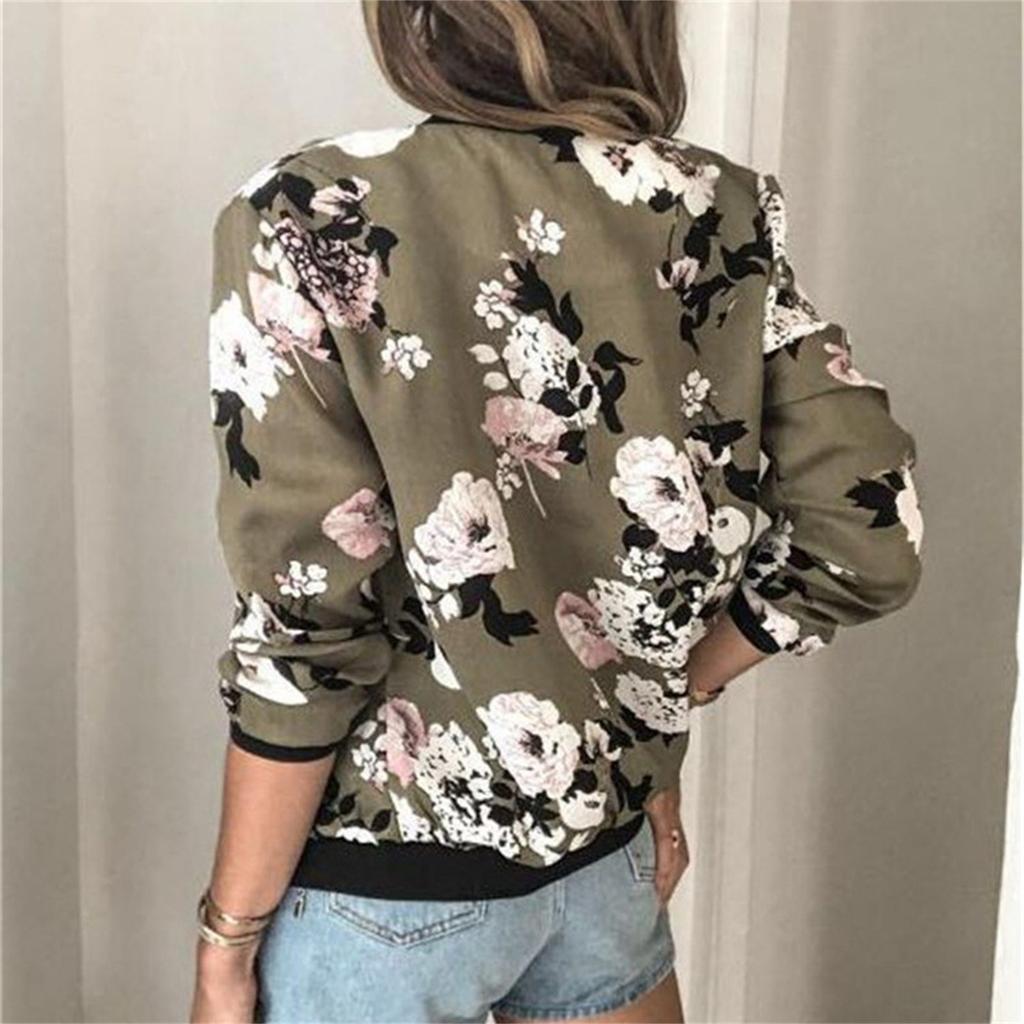 Women’s Autumn Winter Floral Print Zip Up Long Sleeve Round Neck Casual Jacket Lightweight Bomber Outerwear