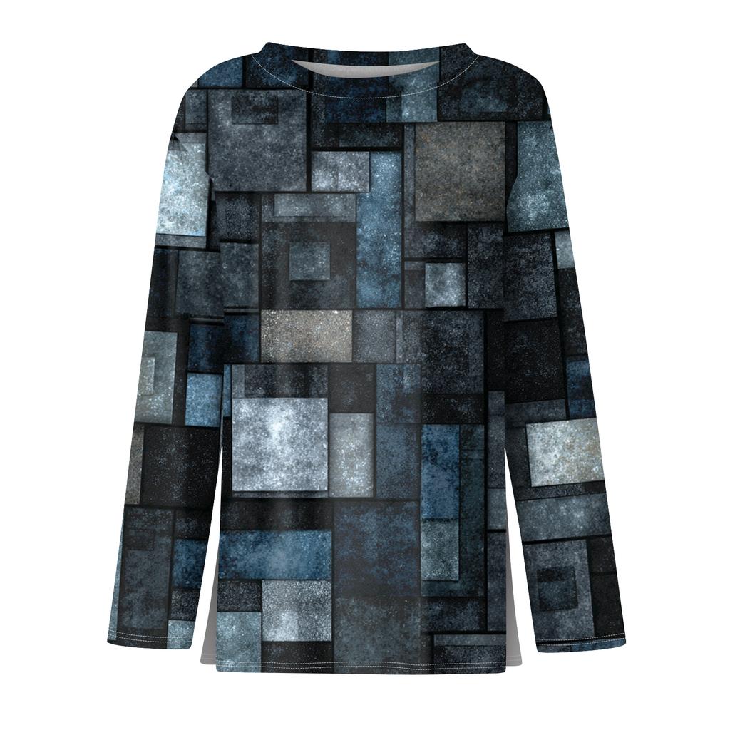 Damenmode Saumschlitz Lässig Retro Blumendruck Rundhals Langarm Oberteil