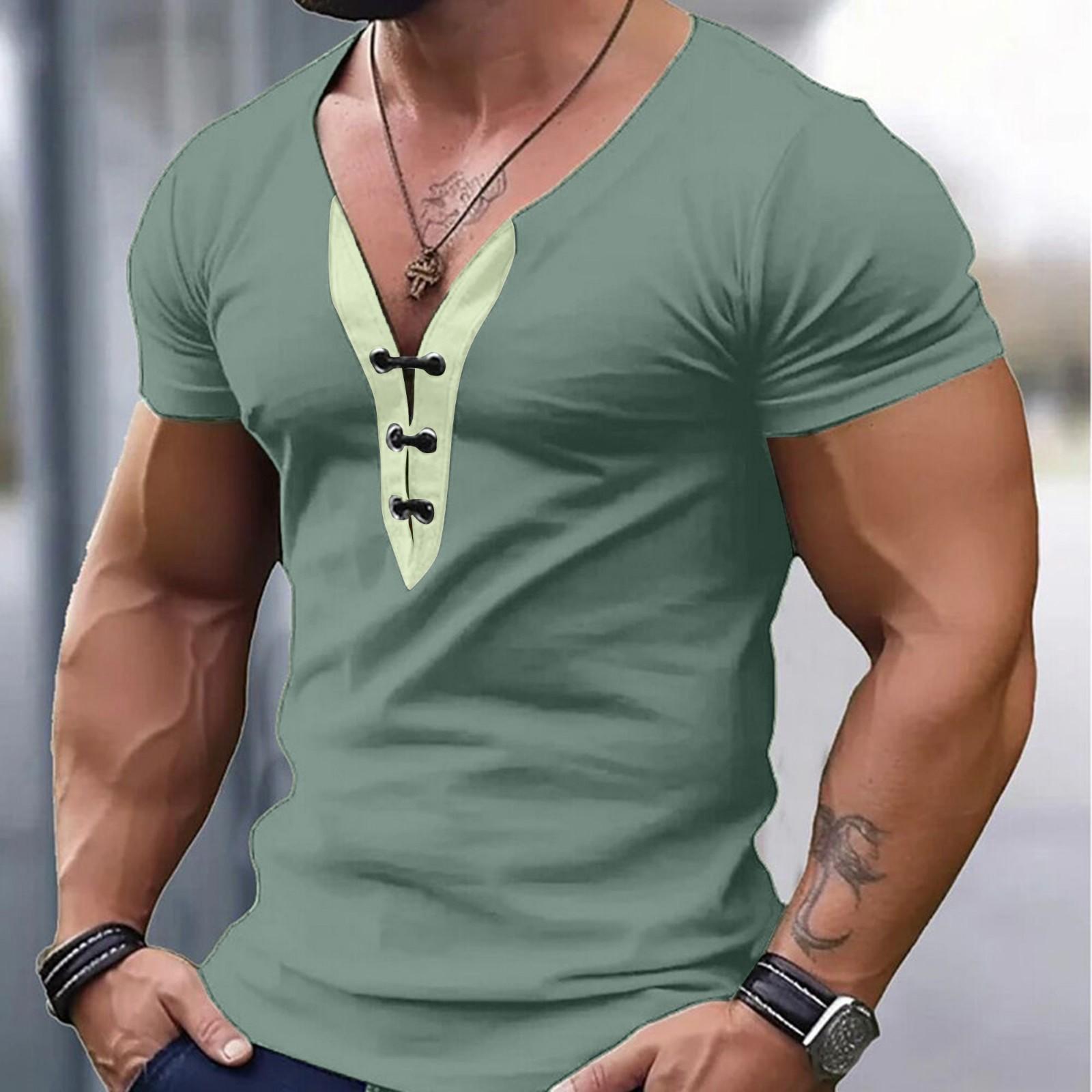 

Men s Slim Fit Casual V-Neck Short Sleeve T-Shirt with Stylish Button Design Perfect for Summer Fashion L