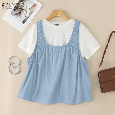 Women Casual Round Neck Patchwork Summer Short Sleeve T-Shirts