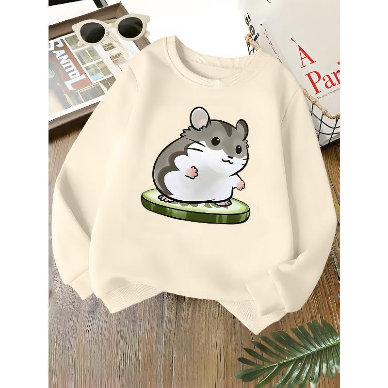 Kids Unisex Crewneck Sweatshirt, Cute Cartoon Hamster Cucumber Print Soft Fleece Long Sleeve Pullover For Boys Girls Over 4 Years Old