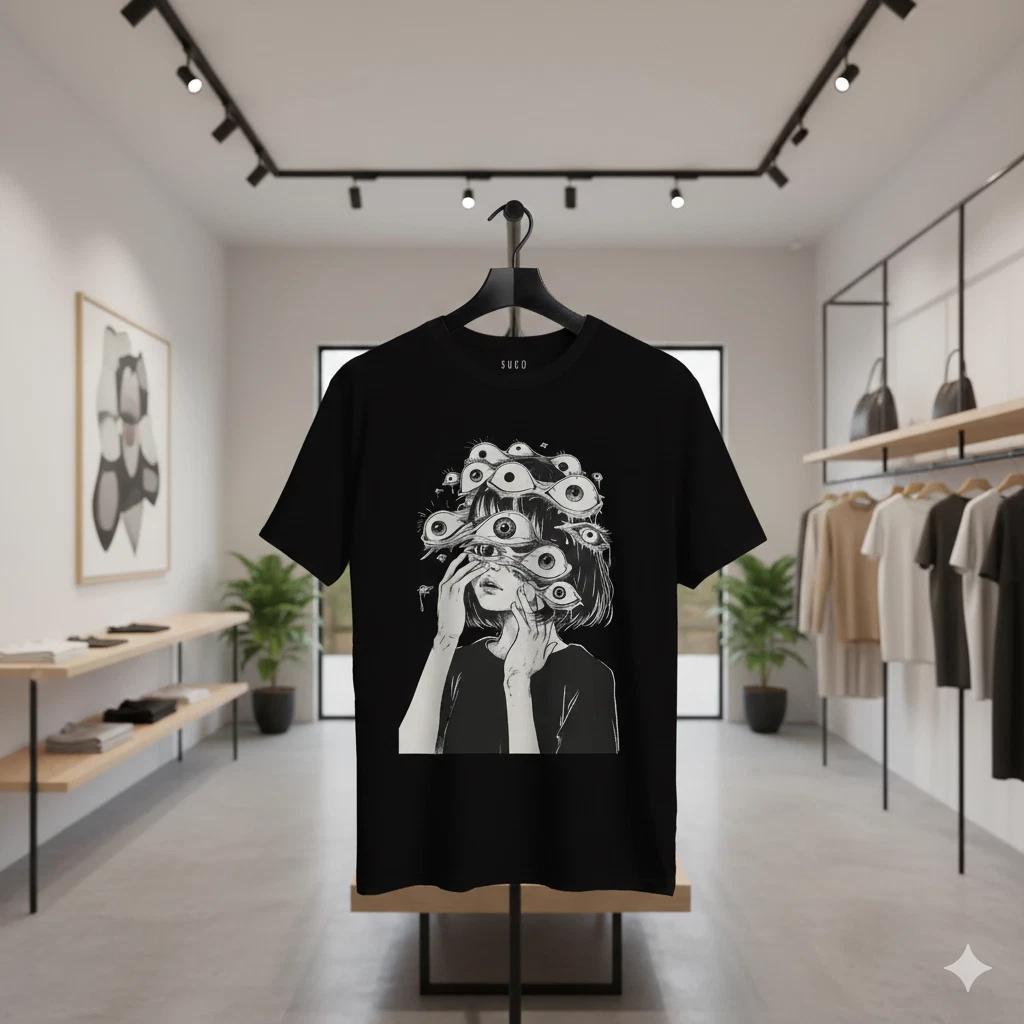 Unisex Adult Casual Graphic Surreal Eyes Girl Graphic T-Shirt Dark ... S