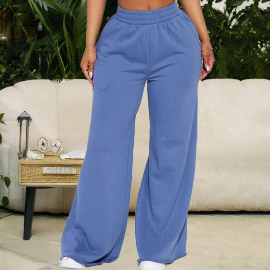 Women Casual Pants Solid Color Wide Leg Trousers With Pockets Elastic High