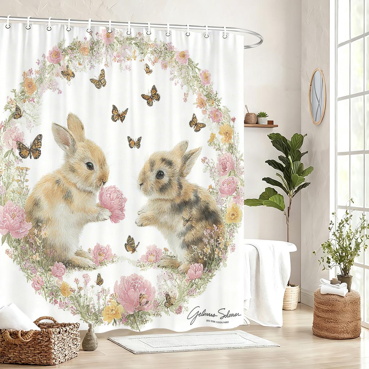 

Cute Rabbit & Floral Pattern Polyester Shower Curtain - Lovely Bath Curtain, Charming Bathroom Decor For Home W60H190(CM)-1 Pcs