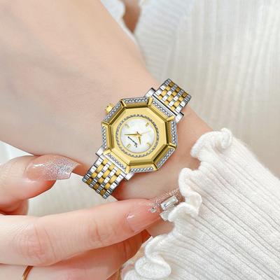 Quarzuhren Damen Geometrische Uhr Edelstahl Mesh mit goldenen Strasssteinen Wunderschöne kreative Quarzwerk Uhren Montre Femme