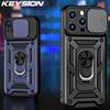 KEYSION Shockproof Case for iPhone 14 Pro Max 14 Plus Push Pull Camera Protection Ring Stand Phone Back Cover for iPhone SE 2022