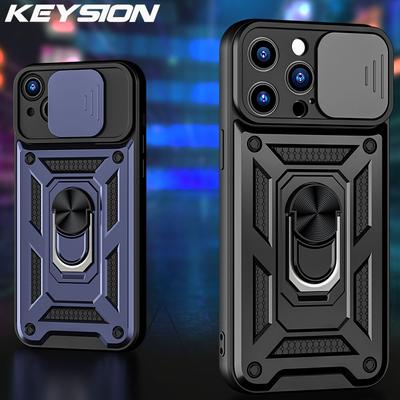 KEYSION Coque antichoc pour iPhone 14 Pro Max 14 Plus Push Pull Protection de la caméra Anneau de support Coque arrière de téléphone pour iPhone SE 2022