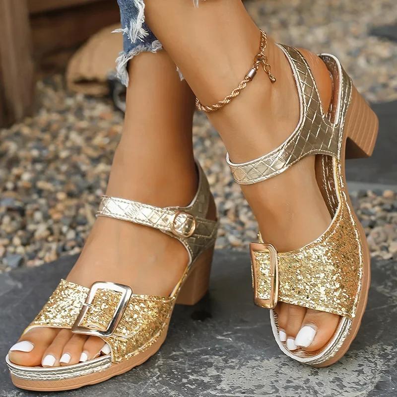 Fashion Gold Glitter Ankle Strap Sandals Women High Square Heels Summer Shoes Woman Ankle Strap Shiny Sequin Gladiator Sandles Mujer 43
