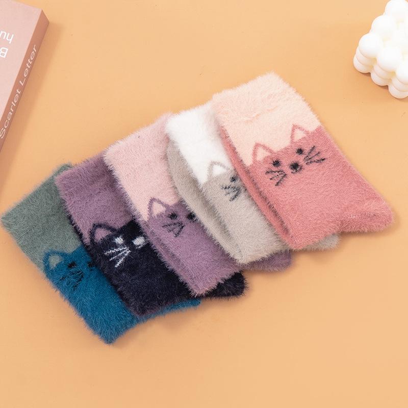 5 Pairs of Female Ferret Cat Thick Warm Rabbit Wool Mid Tube Socks