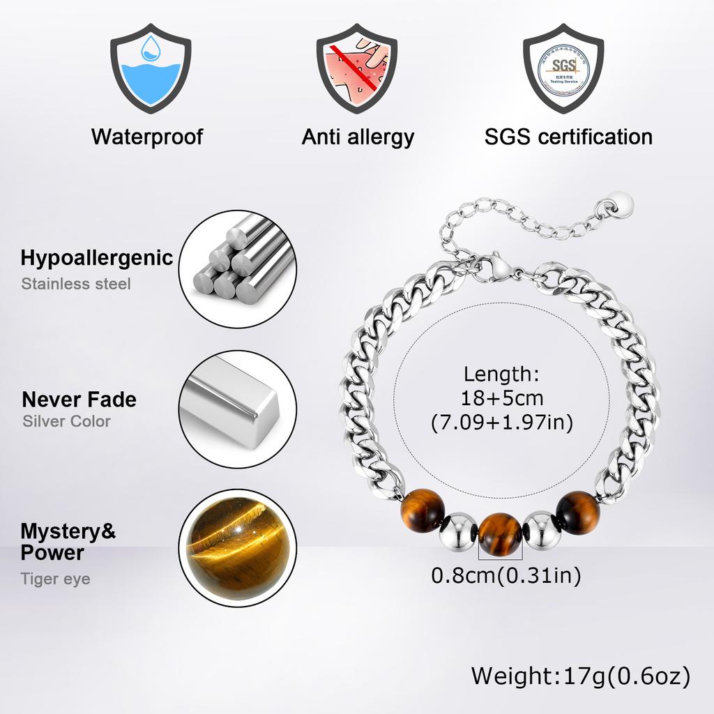 Stainless Steel Men's Beaded Bracelet,Double-layer Natural Tiger Eye Stone Bracelet,Simple Classic Jewelry Gift