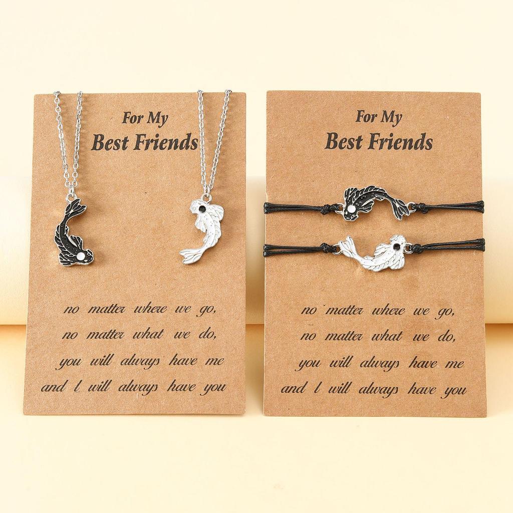 European & American Drip Oil Tai Chi Fish Best Friends Woven Bracelet & Necklace Set