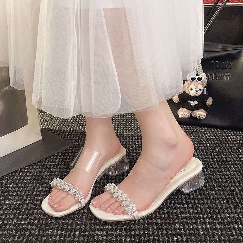 Transparent Sandals Women's High Heels Summer 2025 New Middle Heel Fashion Crystal Thick Heel Outer Wear Rhinestone Cool Slippers