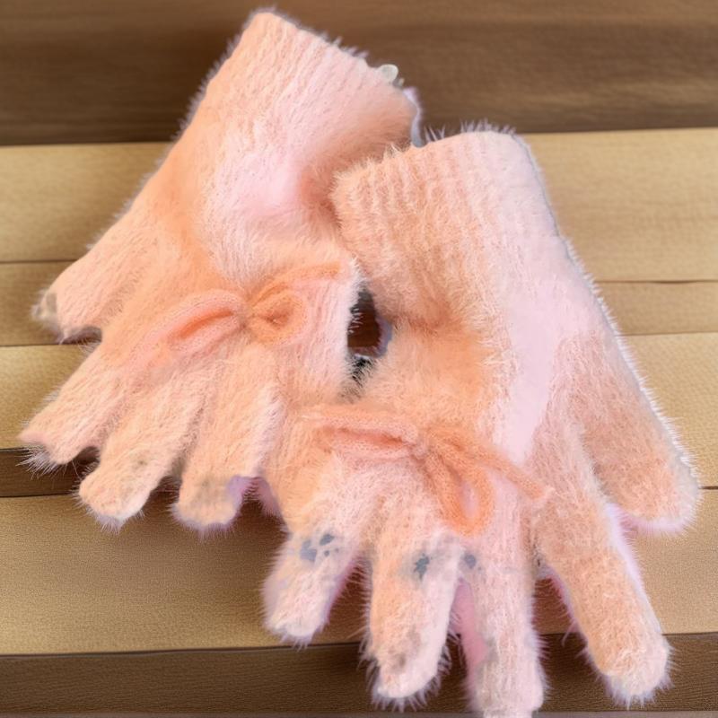 Cute Sweet Bow Plush Gloves Cold-Proof Gloves Student Winter Warm Five-finger Gloves Women Fashion Accessories Christmas Gifts