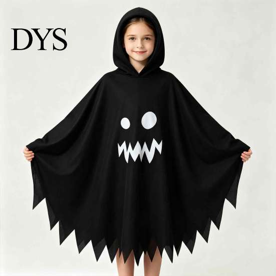 Indoor Outdoor Halloween Activity Wear Hooded Ghost Costume, White/Black Cape Costume for Kids Adults, Spooky Easy Loose Style Party Outfit with Wave