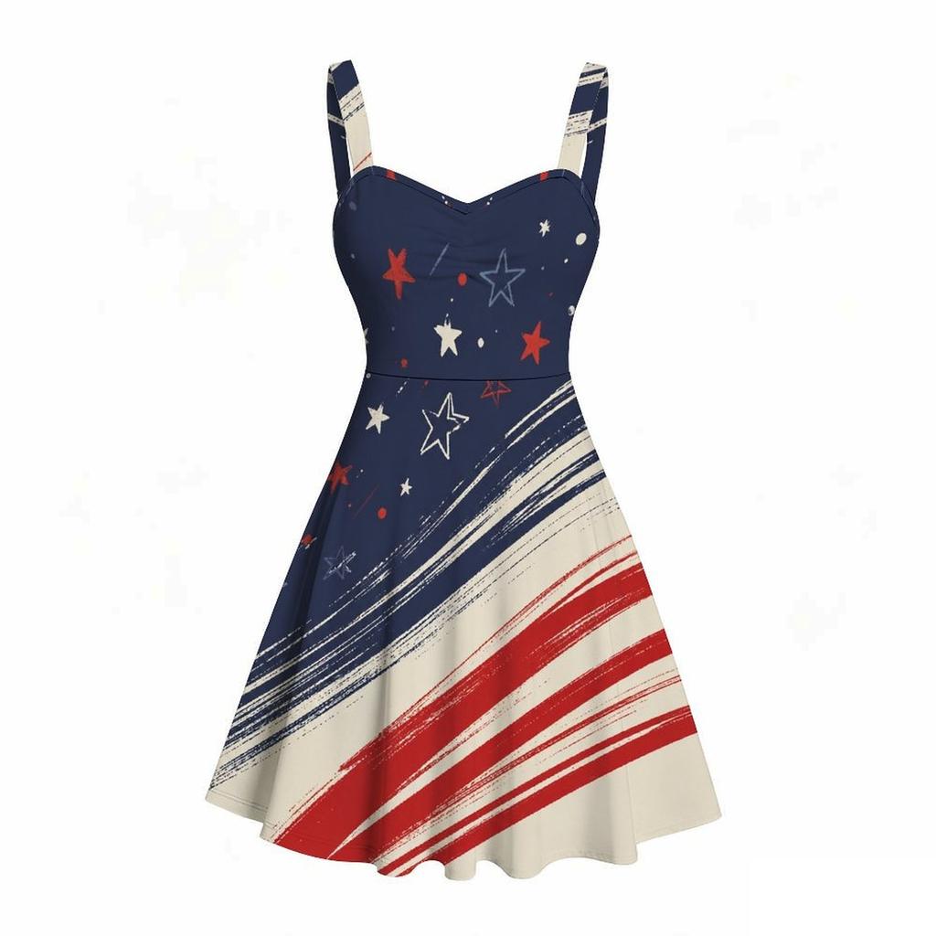 Women Plus Size Spaghetti Strap Off Shoulder Dress Glitter Wave Star Firework Holiday Print Swing Dress