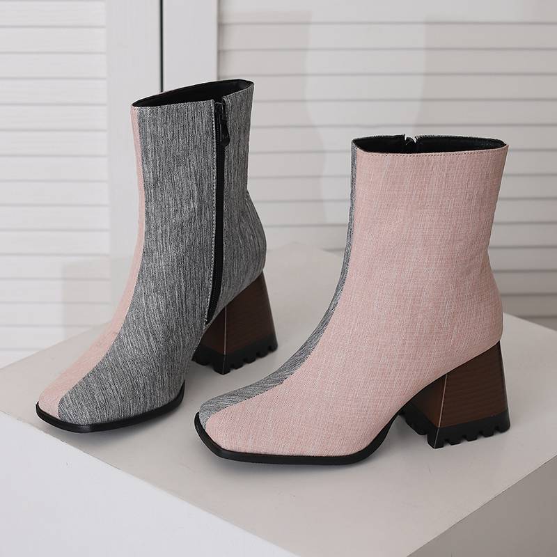 Krazing Pot Polyurethane Autumn Winter Shoes 47 Size 48 Chelsea Boots Gingham Prints Square Toe Plus Size Keep Warm Ankle Boots