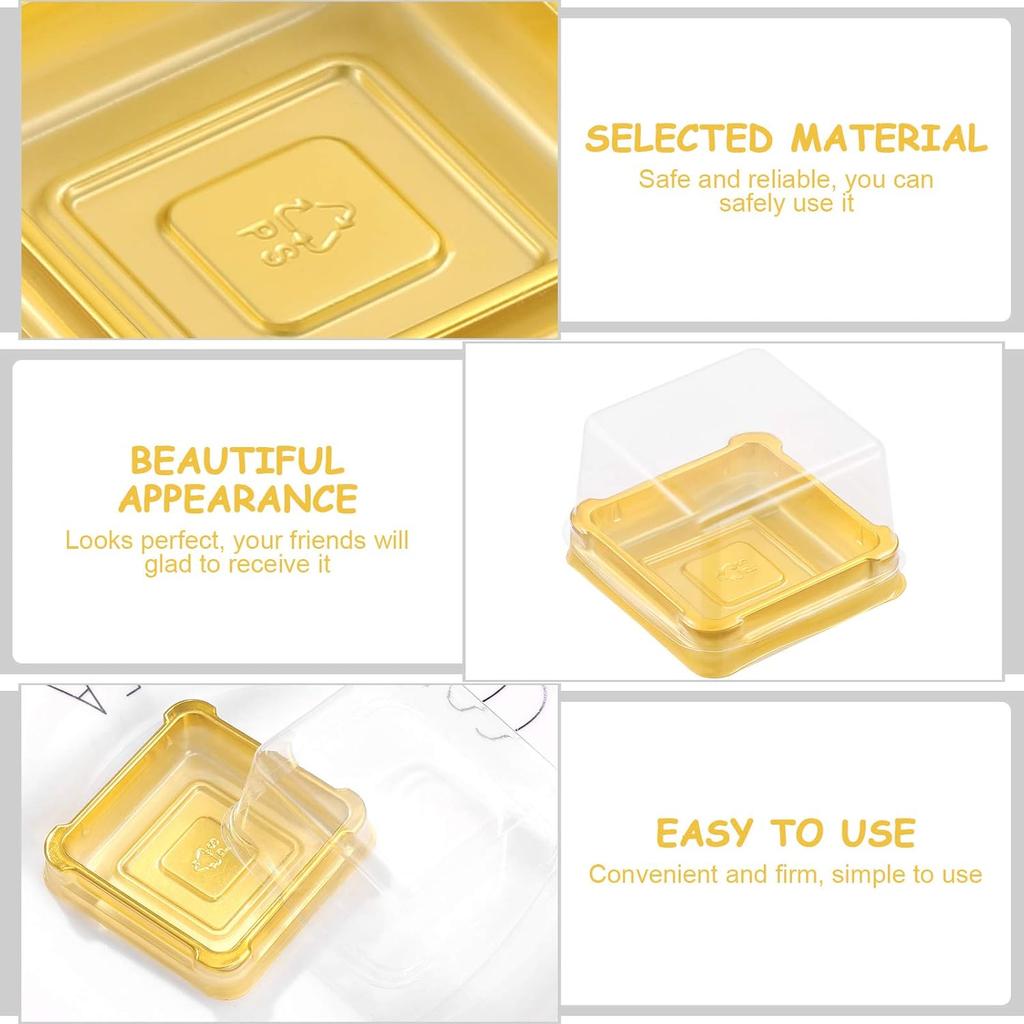 UPKOCH 50 Pcs Plastic Square Mooncake Boxes, Golden Dessert Packing, Single Muffin Container, Small Clear Food-Grade, 2.16"x1.85"x1.57"