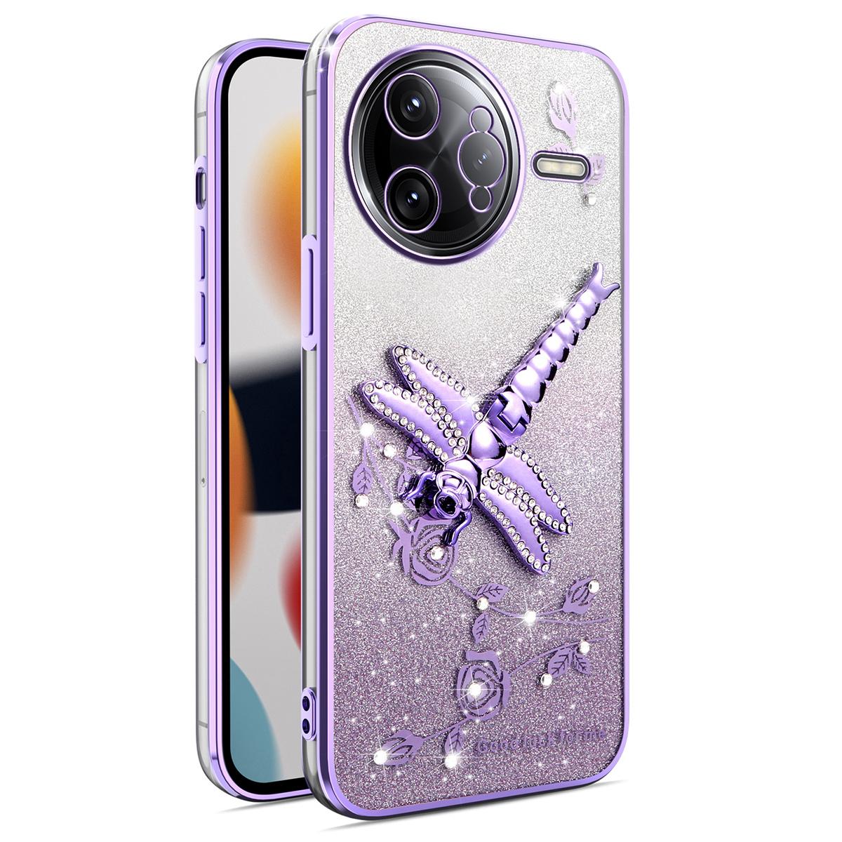 

KADEM Чехол для Xiaomi Poco F7 Ultra 5G/Redmi K80 Pro 5G Стрекоза Подставка ТПУ Цветы Блестящая Накладка для Телефона Purple