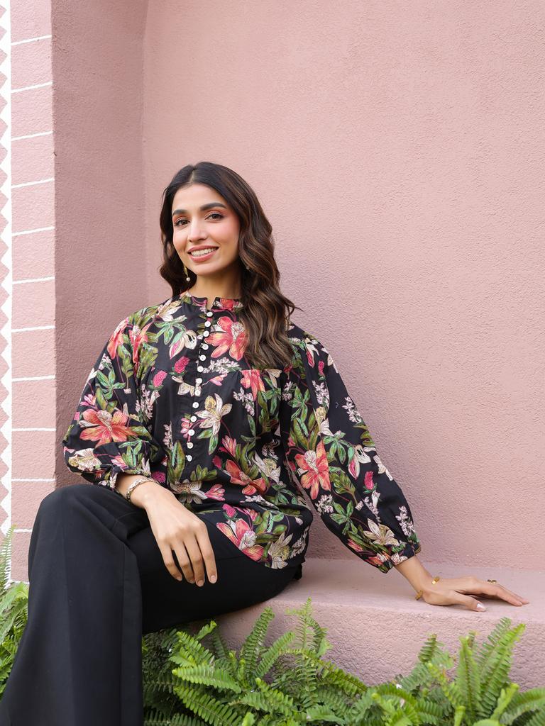 Black Floral Print Mandarin Collar Cotton Top