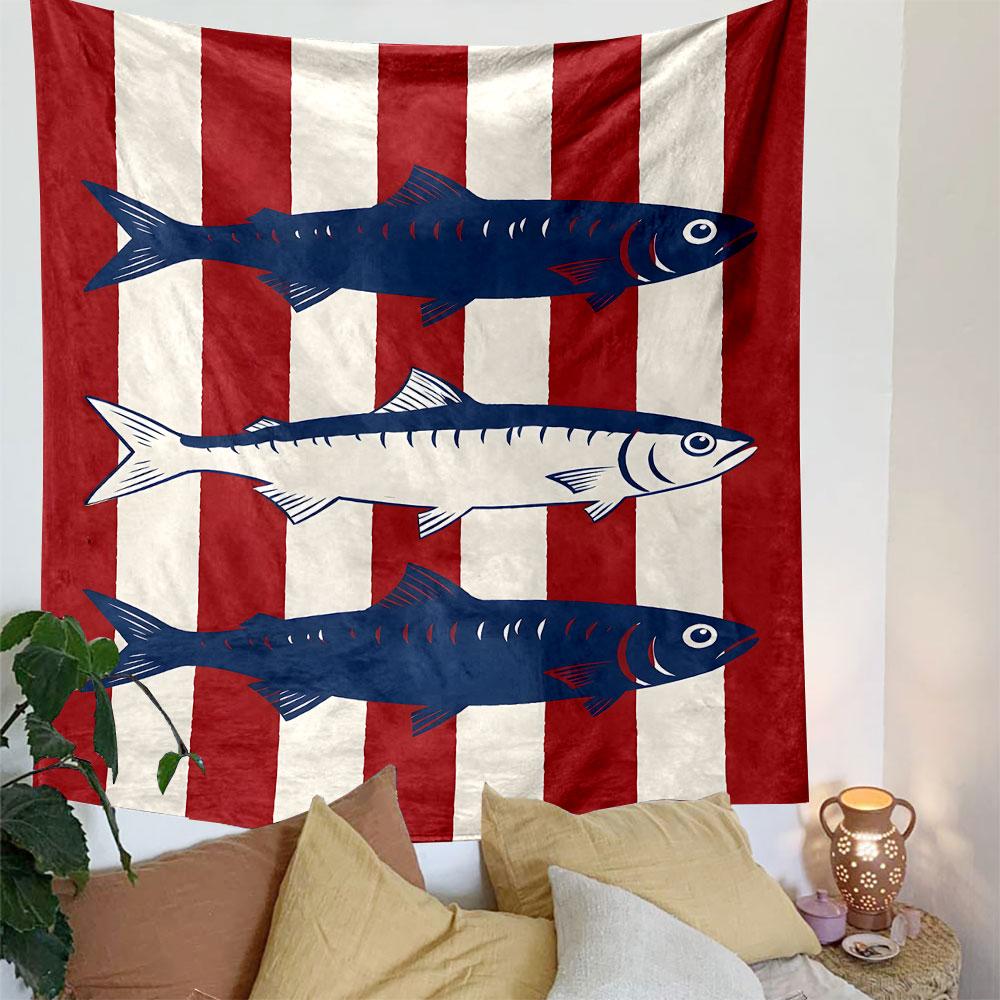 Striped Pattern with Blue Fish Illustration Patterned Tapestry Decorative Wall Hanging, Home Bedroom Living Room Decor
