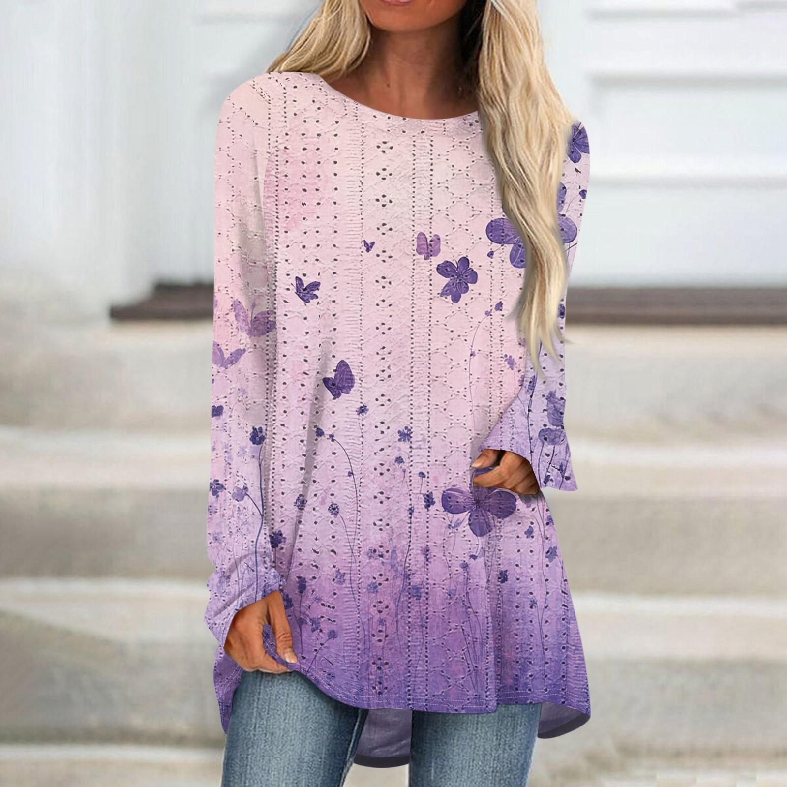 

Womens Tops Round Neck Long Sleeve Blouses Casual Mid-length Shirts Fashion Print Tunic Tops XL